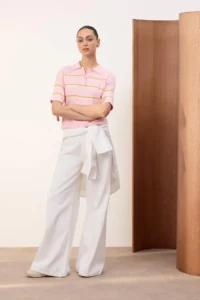 TRENDYOLMİLLA Pink Summer Yarn Striped Polo Shirt Collar Knitwear Blouse - Image 2