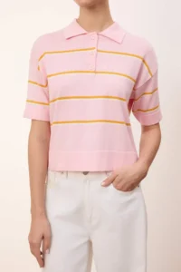 TRENDYOLMİLLA Pink Summer Yarn Striped Polo Shirt Collar Knitwear Blouse - Image 3