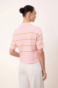 TRENDYOLMİLLA Pink Summer Yarn Striped Polo Shirt Collar Knitwear Blouse - Image 4