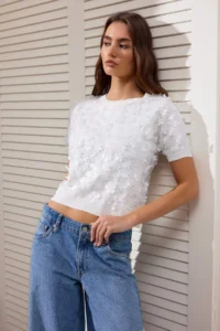 TRENDYOLMİLLA Ecru Three-dimensional Floral Detailed and Tulle Knitwear Blouse