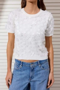 TRENDYOLMİLLA Ecru Three-dimensional Floral Detailed and Tulle Knitwear Blouse - Image 3