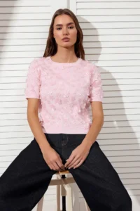 TRENDYOLMİLLA Pink Three-dimensional Floral Detailed and Tulle Knitwear Blouse - Image 2