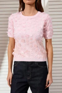 TRENDYOLMİLLA Pink Three-dimensional Floral Detailed and Tulle Knitwear Blouse - Image 3