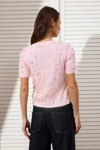 TRENDYOLMİLLA Pink Three-dimensional Floral Detailed and Tulle Knitwear Blouse - Image 4