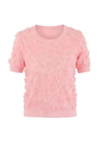 TRENDYOLMİLLA Pink Three-dimensional Floral Detailed and Tulle Knitwear Blouse - Image 5
