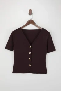 TRENDYOLMİLLA Brown Button Detailed V-neck Knitwear Blouse - Image 5
