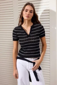 TRENDYOLMİLLA Black Cotton Striped Crew Neck Knitwear Blouse