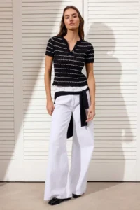 TRENDYOLMİLLA Black Cotton Striped Crew Neck Knitwear Blouse - Image 2
