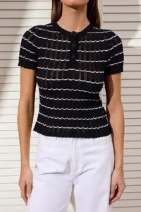 TRENDYOLMİLLA Black Cotton Striped Crew Neck Knitwear Blouse - Image 3