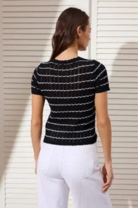 TRENDYOLMİLLA Black Cotton Striped Crew Neck Knitwear Blouse - Image 4