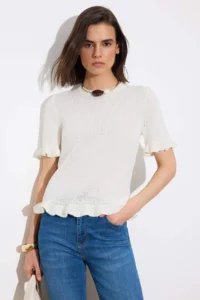 TRENDYOLMİLLA Ecru Ruffle Detailed Crew Neck Knitwear Blouse