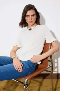 TRENDYOLMİLLA Ecru Ruffle Detailed Crew Neck Knitwear Blouse - Image 2