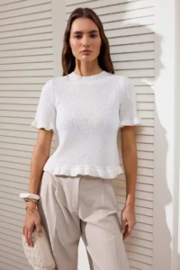 TRENDYOLMİLLA Ecru Ruffle Detailed Crew Neck Knitwear Blouse - Image 5