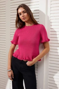 TRENDYOLMİLLA Fuchsia Ruffle Detailed Crew Neck Knitwear Blouse