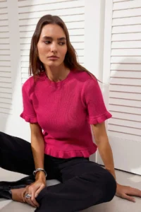 TRENDYOLMİLLA Fuchsia Ruffle Detailed Crew Neck Knitwear Blouse - Image 2