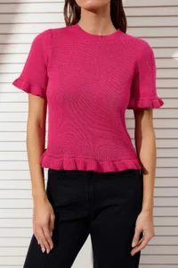 TRENDYOLMİLLA Fuchsia Ruffle Detailed Crew Neck Knitwear Blouse - Image 3