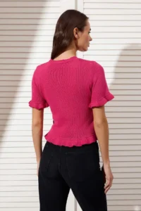 TRENDYOLMİLLA Fuchsia Ruffle Detailed Crew Neck Knitwear Blouse - Image 4
