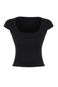 TRENDYOLMİLLA Wardrobe Essentials-Wardrope Essentials Black Fitted Short Sleeve Crop Flexible Knitting Blouse - Image 6