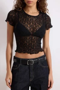 TRENDYOLMİLLA Black Fitted Short Sleeve Accessory Detailed Lace Knitting Blouse - Image 3