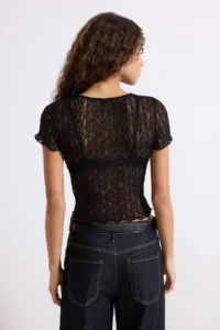 TRENDYOLMİLLA Black Fitted Short Sleeve Accessory Detailed Lace Knitting Blouse - Image 4