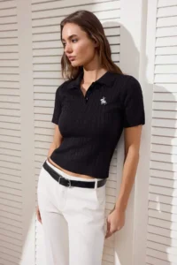 TRENDYOLMİLLA Black At Embroidered Polo Shirt Collar Hair Knitting Knitwear Blouse