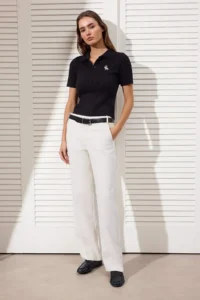 TRENDYOLMİLLA Black At Embroidered Polo Shirt Collar Hair Knitting Knitwear Blouse - Image 2
