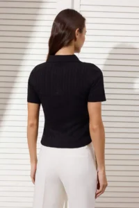TRENDYOLMİLLA Black At Embroidered Polo Shirt Collar Hair Knitting Knitwear Blouse - Image 4