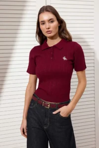 TRENDYOLMİLLA Burgundy At Embroidered Polo Shirt Collar Hair Knitting Knitwear Blouse