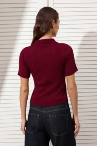 TRENDYOLMİLLA Burgundy At Embroidered Polo Shirt Collar Hair Knitting Knitwear Blouse - Image 4