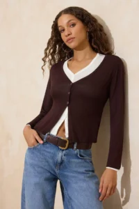 TRENDYOLMİLLA Brown 2 Sets Set Fitted V-neck buttoned Soft Knitting Blouse