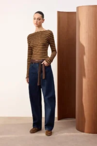 TRENDYOLMİLLA Wardrobe Essentials-Brown Striped Fitted Knitting Blouse - Image 2