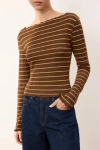 TRENDYOLMİLLA Wardrobe Essentials-Brown Striped Fitted Knitting Blouse - Image 3