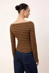 TRENDYOLMİLLA Wardrobe Essentials-Brown Striped Fitted Knitting Blouse - Image 4
