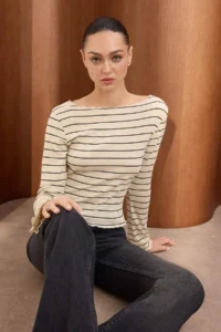 TRENDYOLMİLLA Ecru Striped Fitted Boat Neck Long Sleeve Reported Knitting Blouse