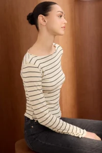 TRENDYOLMİLLA Ecru Striped Fitted Boat Neck Long Sleeve Reported Knitting Blouse - Image 2