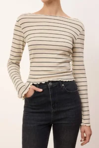TRENDYOLMİLLA Ecru Striped Fitted Boat Neck Long Sleeve Reported Knitting Blouse - Image 3