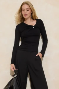 TRENDYOLMİLLA Black Fitted Asymmetric Collar Accessory Detailed Soft Knitting Blouse