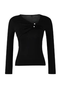 TRENDYOLMİLLA Black Fitted Asymmetric Collar Accessory Detailed Soft Knitting Blouse - Image 5