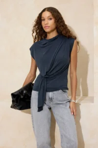 TRENDYOLMİLLA More Sustainable Anthracite Fitted Dog collar Sleeveless Belted Modal Knitting Blouse