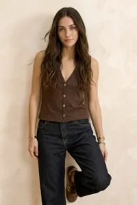 TRENDYOLMİLLA Brown Fitted/Body-Fitting V-neck buttoned Sleeveless interlock Knitting Blouse