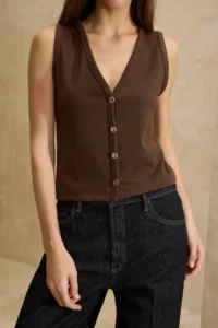 TRENDYOLMİLLA Brown Fitted/Body-Fitting V-neck buttoned Sleeveless interlock Knitting Blouse - Image 3