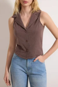 TRENDYOLMİLLA Light Brown Fitted Shirt Collar buttoned Sleeveless Jacquard Knitting Blouse - Image 3
