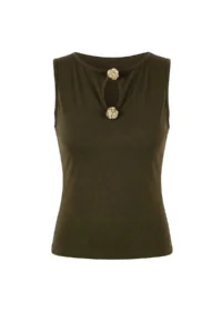 TRENDYOLMİLLA Khaki Fitted Boat Neck Sleeveless Accessory Detailed Flexible Knitting Blouse - Image 5