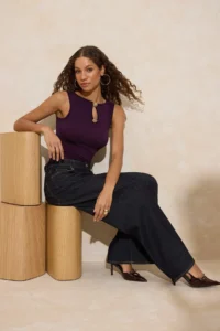 TRENDYOLMİLLA Plum Fitted Boat Neck Sleeveless Accessory Detailed Flexible Knitting Blouse