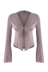 TRENDYOLMİLLA Stone Fitted V-neck Long Sleeve Binding Detailed Buzzy Knitting Blouse - Image 5