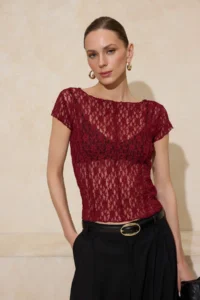 TRENDYOLMİLLA Burgundy Fitted Boat Neck Short Sleeve Lace Knitting Blouse - Image 2