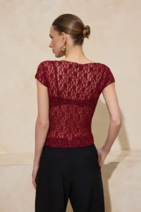 TRENDYOLMİLLA Burgundy Fitted Boat Neck Short Sleeve Lace Knitting Blouse - Image 4
