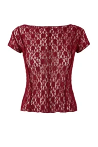 TRENDYOLMİLLA Burgundy Fitted Boat Neck Short Sleeve Lace Knitting Blouse - Image 5