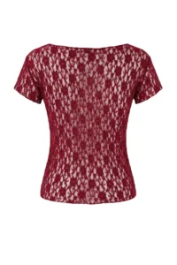 TRENDYOLMİLLA Burgundy Fitted Boat Neck Short Sleeve Lace Knitting Blouse - Image 6