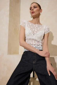 TRENDYOLMİLLA Ecru Fitted Boat Neck Short Sleeve Lace Knitting Blouse - Image 2